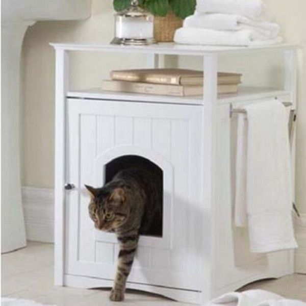 Cat Litter Box Cover  or Nightstand Pet House Wood White