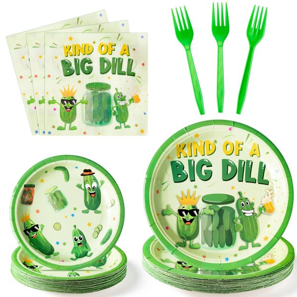 G1ngtar 96Pcs Funny Cucumber Party Plates Supplies - Kind of A Big Dill Party Tableware Decorations Cute Pickle Fruit Disposable Paper Plates Napkins Forks for Kids Birthday Baby Shower, Serves 24