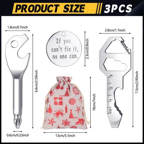 Aliceset 3 Sets Christmas Stocking Stuffers for Men Keychain Multitools Goody Bag Drawstring Cloth Bag Set Portable Gadgets Dad Gifts from Son Christmas Gift Keyring for Dad Grandpa Husband