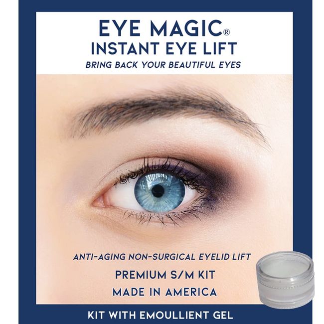 Eye Magic Premium Instant Eyelid Lift. Made in America - Lifts and Defines Droopy, Sagging, Upper Eyelids (Small/Med Kit + Emollient Gel)