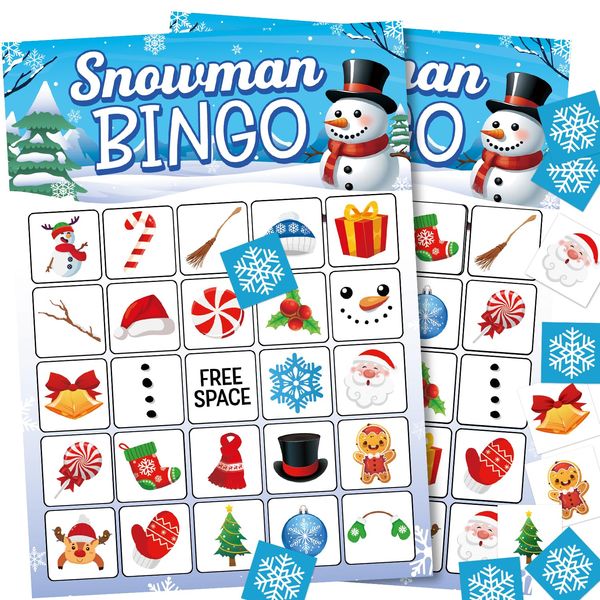 M AMFEOV Winter Bingo, Christmas Bingo Game, Snowman Bingo Cards for Winter Party Supplies Xmas Gifts, Snowflake Winter Bingo Games for Classroom Activities, Winter Bingo Cards for 24 Players