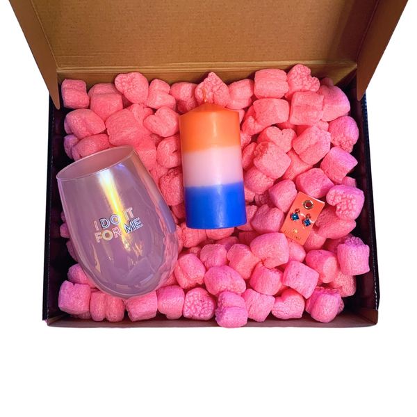 Candle + Sips Gift Box with Compostable Pink Heart Packing Peanuts - I Do It For Me