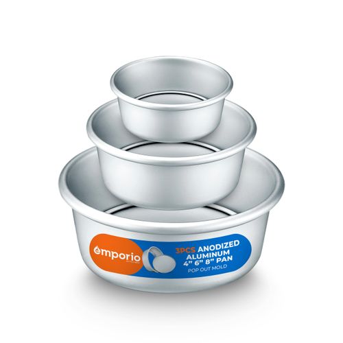 Emporio Kitchen Anodized Aluminum Round Cheesecake Pan - Pressure Cooker and Air Fryer Safe, Recipe Booklet Included, PFAS, CFC, PTFE, or PFOA Free, Oven Safe (Up To 500° F), 4/6 /8 Inches, Pack of 3