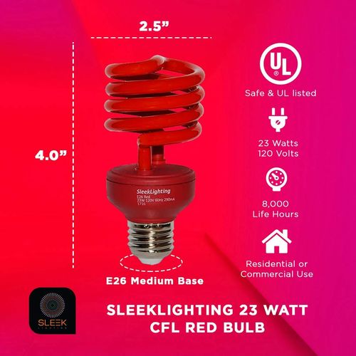 SLEEKLIGHTING 23 Watt T2 RED Light Spiral CFL Light Bulb, General Purpose - UL Approved- 120V, E26 Medium Base- Indoors/Outdoor Energy Saver (Pack of 4)