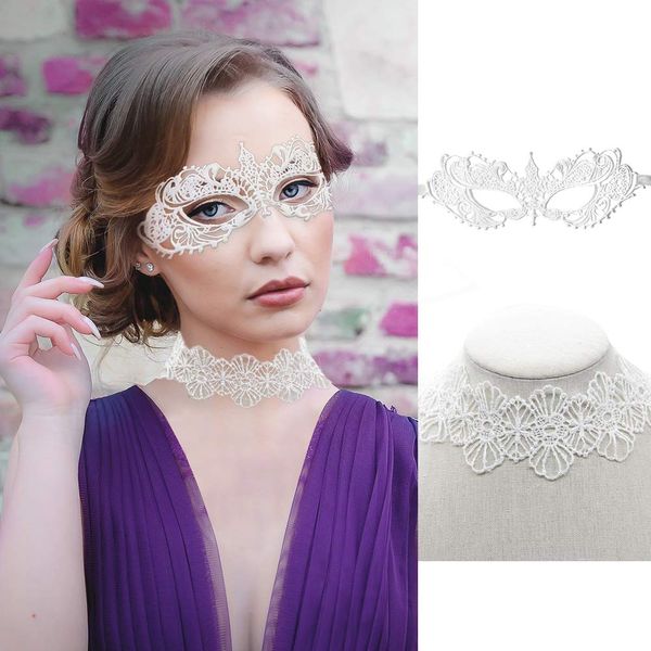 SNAIL GARDEN SnailGarden Women's Masquerade Lace Mask Set, Includes 1 White Goddess Lace Mask and 1 Lace Choker Necklace for Party, Prom Ball and Mardi Gras