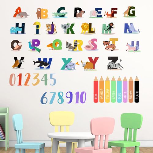 Yovkky Animals Alphabet Wall Decals Stickers, Arabic Numbers 1-10 Educational Learning Counting Toddler Baby Nursery Decor, Colorful Pencils Home Decorations Kids Bedroom Playroom Classroom Art