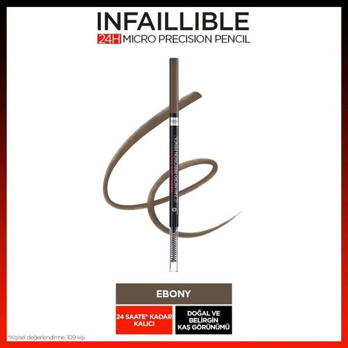 L'Oreal Paris Infallible Brows 24H Micro Precision Pencil, Precisely Defines Brows- 1.0 Ebony