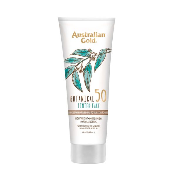 Australian Gold Botanical SPF 50 Tinted Sunscreen for Face, Non-Chemical BB Cream & Mineral Sunscreen, Water-Resistant, Matte Finish, For Sensitive Facial Skin, Medium to Tan Skin Tones, 3 FL Oz