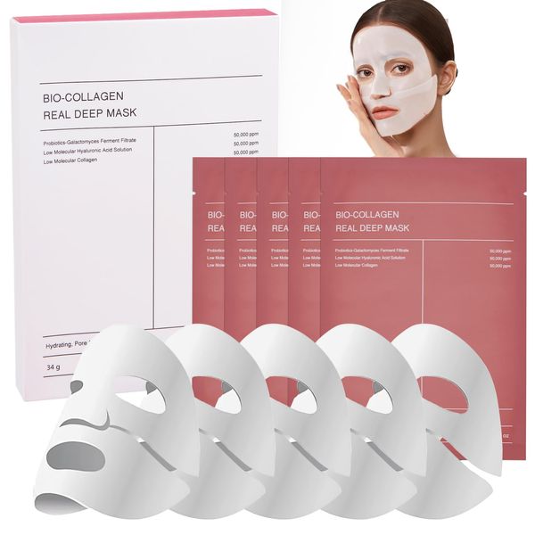 5Pcs Bio-Collagen Collagen Mask, Organic Collagen Real Deep Mask, Face Mask Overnight, Collagen Film Hydrating Anti-Wrinkle Lifting Mask, Pore Minimising Elasticity Face Mask