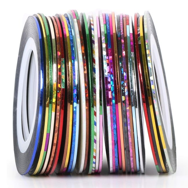 TRIXES 30 Colours Striping Tape Line Nail Art Decoration Stickers - Sticky Stripes Reels Assorted Colours for Natural and Faux Nails - Self-Adhesive Matte Glitter Nail Design Stickers