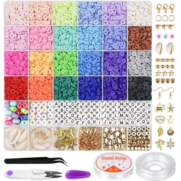 Gionlion 6000 Clay Beads Bracelet Making Kit, 24 Colors Flat Preppy Beads for Friendship Bracelets, Polymer Clay Beads with Charms for Jewelry Making, Crafts Gifts for Girls Ages 6-12