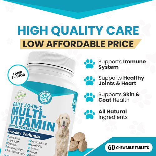 Wanderfound Pets 10-in-1 Dog Multivitamin, Chewable Dog Vitamins with Glucosamine, D3, and MSM, Dog Health Supplies for Immune System and Joint Health, Liver Flavor, 60 Tablets