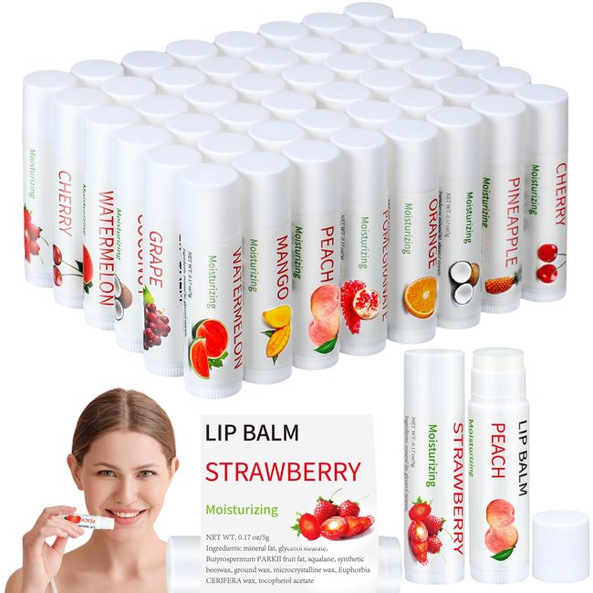 50 Lip Balm Bulk Small Thank You Gifts Set Natural Moisturizing Lip Balms Lip Care Product Baby Shower Wedding Bridal Shower Favors Party Supplies for Women Girl Teen (Assorted Fruit,Multi Style)