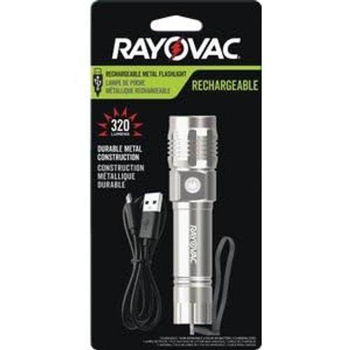 Rayovac Value Metal Rechargeable Light, 320 Lumens, IPX4 Water Resistant, Durable Metal LED Light, Great Outdoor and Emergency LED Flashlight, Battery Included