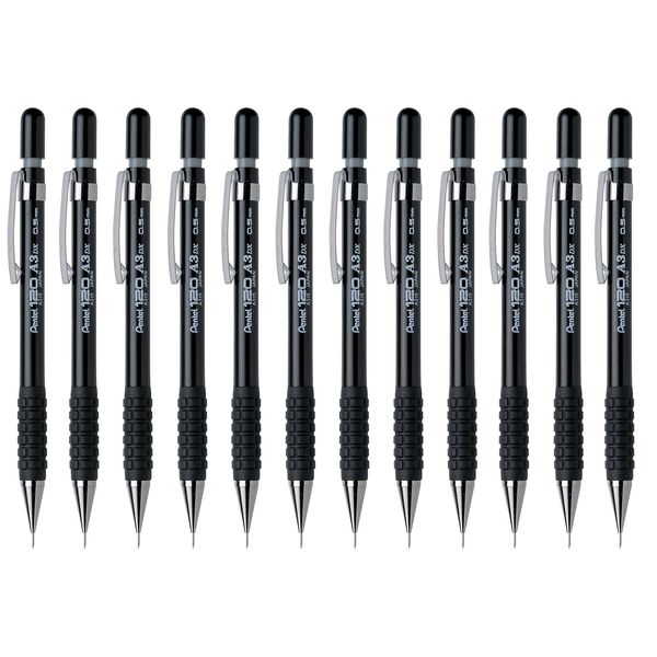 Pentel A300 Automatic Pencil with Rubber Grip and 2 x HB 0.5 mm Lead Black Barrel Ref A315-AX [Pack of 12]