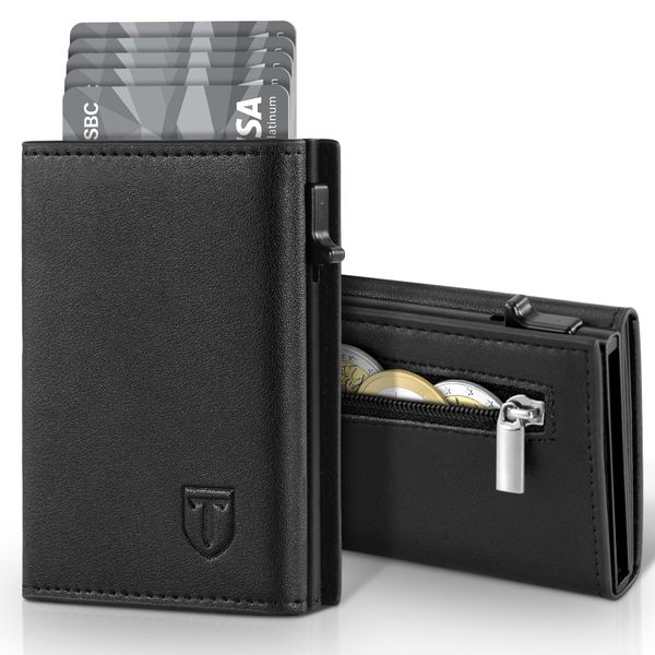 TENBST Men's Slim Wallet with Coin Compartment and RFID Protection, Leather Wallet, 8 Compartments for Credit Cards, Card Holder, black, Classic