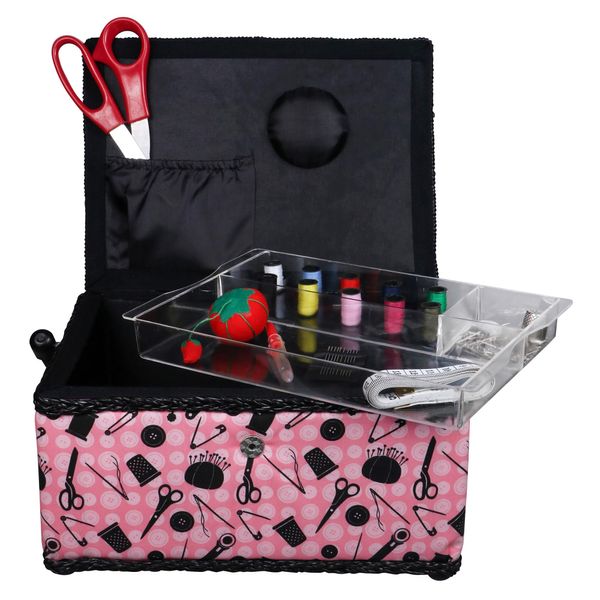 SINGER 07276 Sewing Basket with Sewing Kit Accessories, Pink & Black,