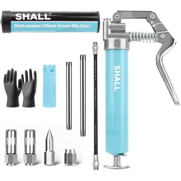 Shall Mini Grease Gun, Small Grease Gun Kit (3.52OZ Capacity, 3000PSI) with 2PCS 4-Jaw couplers, Sharp Nozzle, Extension Adapter, 3OZ Cartridge Grease, Reinforced PVC Glove & Zerk Fitting Cleaner