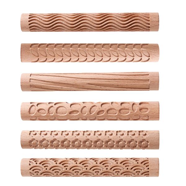 Wood Clay Pattern Roller Textured Rolling Pin Clay Modeling Pattern Rollers, 5.9inch Wooden Handle Clay Texture Slab Roller Clay Pottery Rolling Pottery Tools for Ceramic (Style 1)