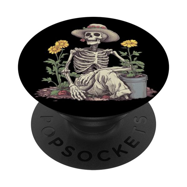 Funny Skeleton with Flowers and Gardening Tools PopSockets Adhesive PopGrip
