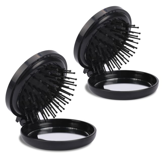 2 Pack Folding Hair Brush with Mirror,Round Mini Hair Brush Travel Size Hair Massage Comb Compact Hair Brush Pocket Hair Brush Portable Hair Styling Tools Travel Brush for Women (Black)