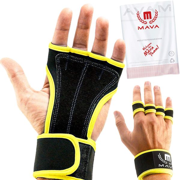 Mava Sports Workout Gloves with Wrist Wraps Support and Full Palm Leather Padding for Weightlifting, Cross Training, Pull-Ups, WOD, and Powerlifting, Unisex (Yellow, X-Small)