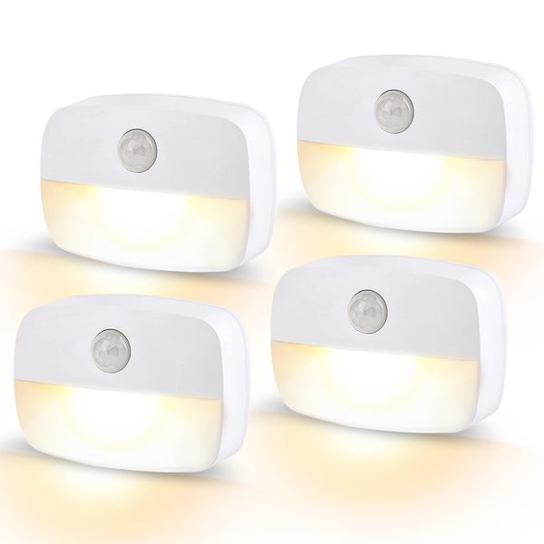 LED Motion Sensor Night Light, [4 Pack] Stick-On Night Light by Battery Powered, Stair Sensor Lights Indoors, Auto/ON/Off Light for Toilet, Hallway, Closet, Kitchen, Children's Room, Warm White light