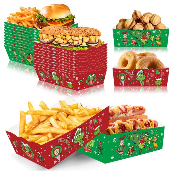 MSJEHQI 24pcs Christmas Paper Food Tray Disposable Christmas Snack Bowls Christmas Themed Birthday Party Supplies