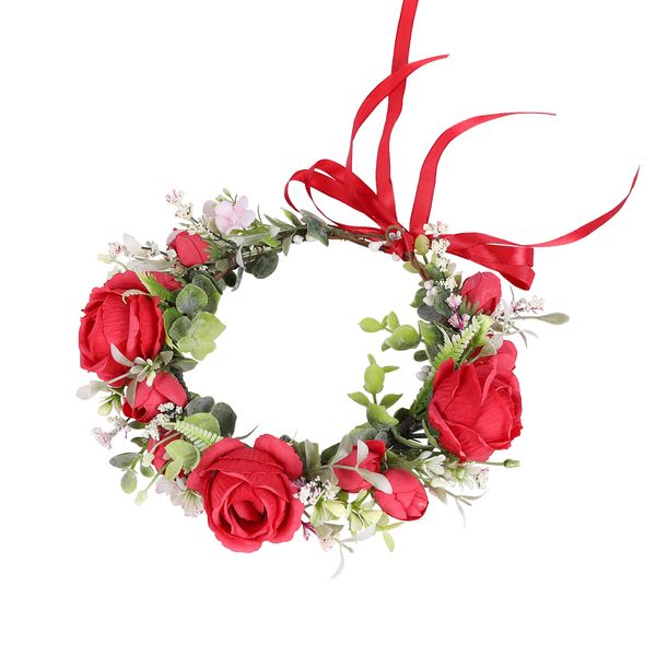 Vivivalue Women Flower Crown Rose Floral Headband Hair Wreath Floral Headpiece Halo Boho with Ribbon Wedding Party Red