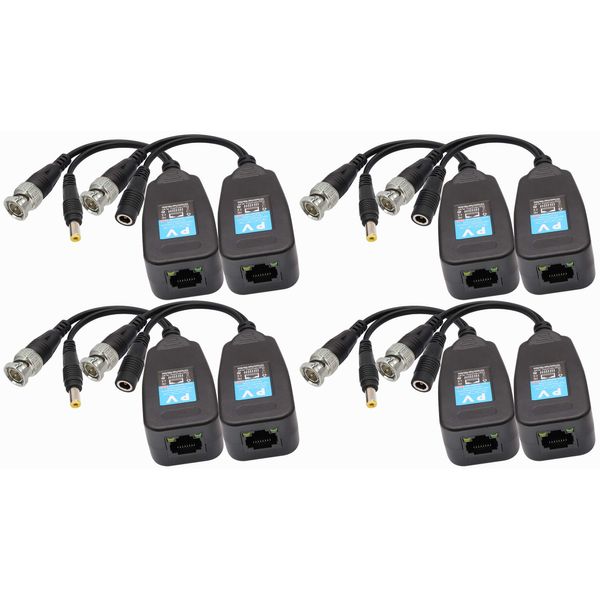 AAOTOKK Video Balun RJ45 to BNC Transceiver Transmitter HD-CVI/TVI/AHD/CVBS with Power Connector for 1080P 3MP 4MP 5MP 8MP CCTV Security DVR Surveillance Camera System (4Pairs)