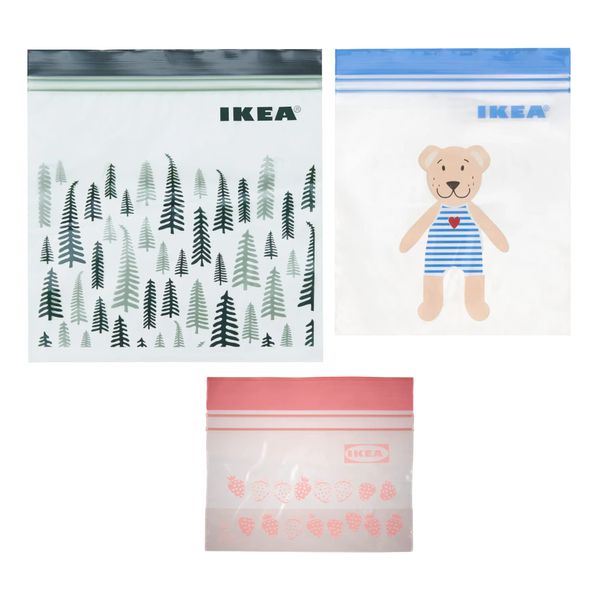 Ikea Plastic Bag with Double Zipper, ISTAD/Eastard, 3 Types, 75 Piece Set (1.2L x 25 Pieces, Grove Pattern/Green, 1L x 25 Pieces, Bear/Blue, 0.3L x 25 Pieces, Strawberry/Light Pink) Freezer Bag,