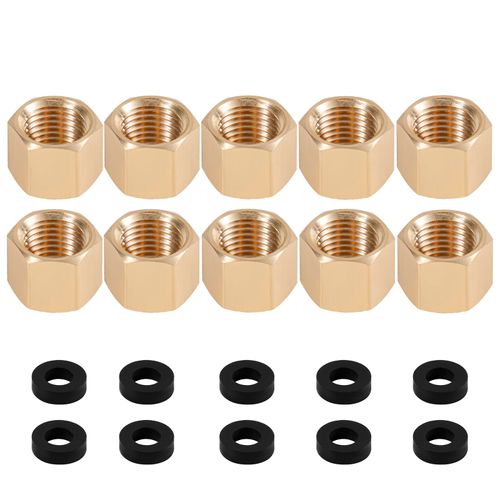 10pcs Brass Pipe Cap with 10 Rubber Gasket, Gold Hex Compression Cap Garden Hose Flare Brass Nut Plumbing Gas Line Fittings for 1/4 Inch Od Pipe Connection