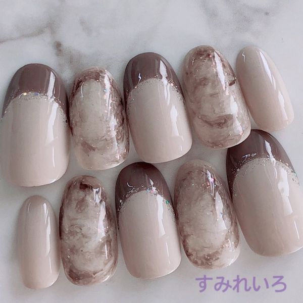 Nail tip design false nails bridal beige cute short long simple coming-of-age ceremony presentation mother nail winter short nails small nails large nails berry short chibi nails wedding wedding false nails gel nails Beige gray chocolate brown marble