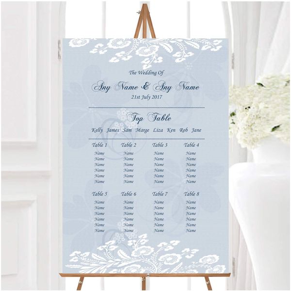 Vintage Lace Pale Blue Chic Personalised Wedding Seating Table Plan