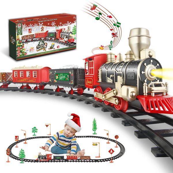 JUQU Train Set, Christmas Train Set for Around The Tree w/Lights & Xmas Sounds, Christmas Tree Train Toys, Electric Toy Train Set for Boys, Toddler Model Train Gifts for 3 4 5 6 7 8+ Years Old Kids