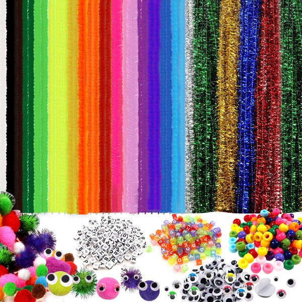 TOAOB 1360pcs Arts and Crafts Supplies Pipe Cleaners Set Includes 200pcs Chenille Stems 300pcs Pom Poms Self Adhesive Wiggle Googly Eyes Letter Beads and Pony Beads for Craft DIY Art Supplies