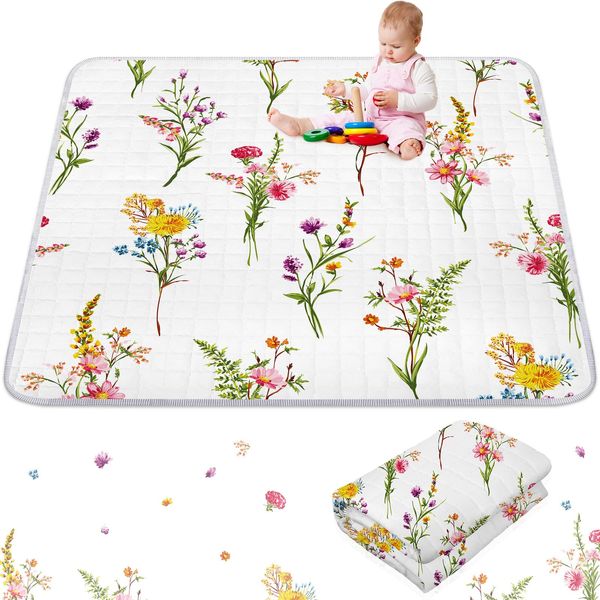 Wesiti Wildflower Portable Baby Play Mat 50 x 50 Washable Foldable Crawling Mat Non Slip Cushioned Kids Play Mats Pad for Floor Playpen Toddler Infants Tummy Time Activity