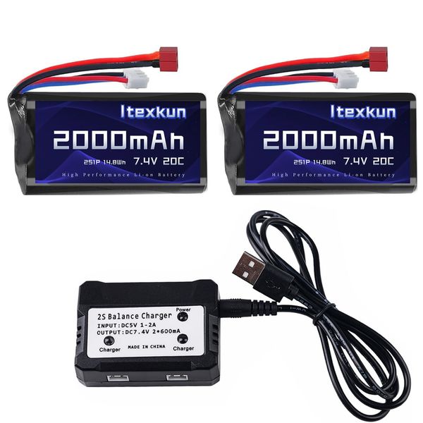 Itexkun 7.4V 2000mAh Li-ion Battery Deans T Plug 2S Rechargeable RC Battery Fit for WLtoys 4WD High Speed RC Cars and Most 1/10, 1/12, 1/16 Scale RC Cars Trucks with 7.4V Balance Battery Charger