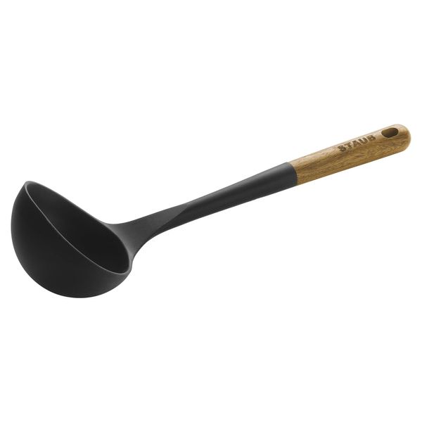 STAUB Soup Ladle, Perfect for Serving Hot Soup, Portion Batter for Pancakes, and Sauce Pasta, Durable BPA-Free Matte Black Silicone, Acacia Wood Handles, Safe for Nonstick Cooking Surfaces