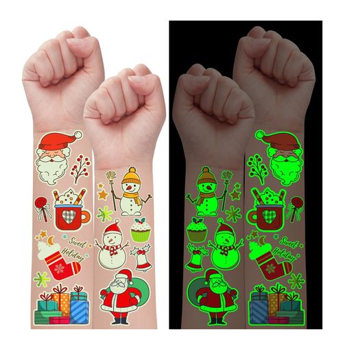 Leesgel Christmas Eve box Fillers for Kids, 100 Pcs Luminous Temporary Tattoos Merry Christmas Stickers for Xmas Decorations, Stocking Sweets Crafts Supplies Family Games Party Treat Bags Ideas