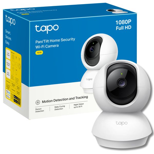 Tapo Pan/Tilt Smart Security Camera, Baby Monitor, Indoor CCTV, 360° Rotational Views, Works with Alexa&Google Home, No Hub Required, 1080p, 2-Way Audio, Night Vision, SD Storage, Device Sharing(TC70)