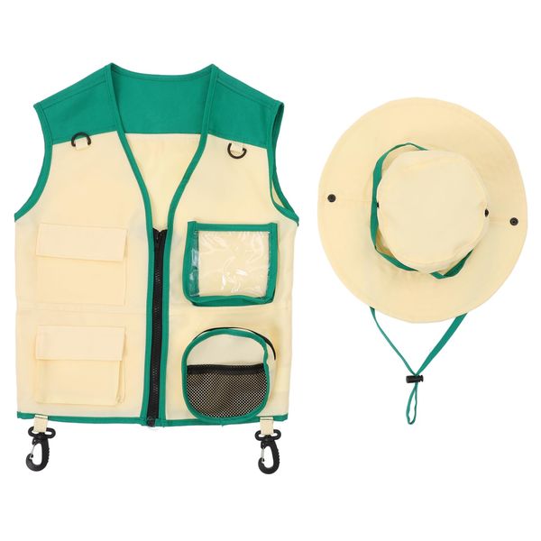 1 Set Explorer Clothing Outdoor Hat Vest Kit Kids Vest Hat Kids Outdoor Exploration Hat Kids Kits Hats for Kids Outdoor Explorer Toy Vest Polyester Cosplay Camping Hat Child Green