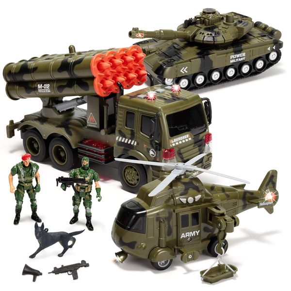 JOYIN 3 in 1 Friction Powered Toy Vehicles with Figures - Military Truck, Helicopter and Tank with Lights and Sounds for Imaginative Play