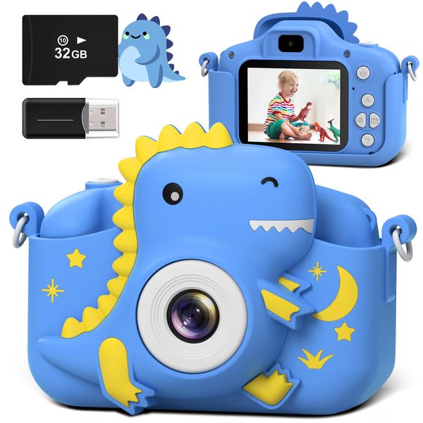 GREENKINDER Kids Camera, Dinosaur Toddler Digital Camera for Boys Girls, Christmas Birthday Gifts, Selfie 1080P Camera for 3 4 5 6 7 8 9 Years Old Toys Dark Blue