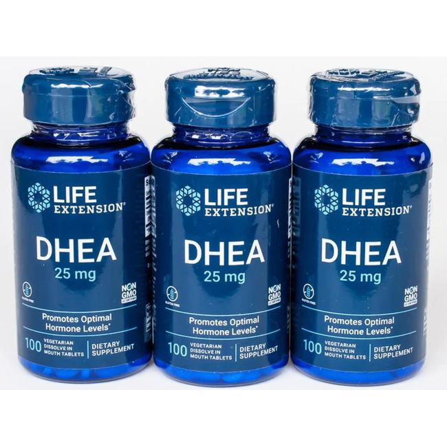 DHEA 25 mg, 3 PACK 300 TOTAL Dissolve-In-Mouth Tablets Life Extension