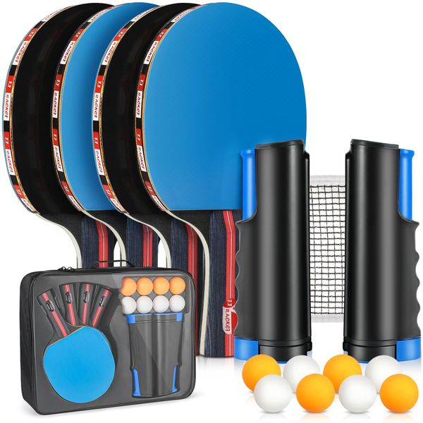 Ping Pong Paddles Set, 4 Table Tennis Paddles,8 Balls,Retractable Ping Pong Net, Ideal Indoor Table Tennis Set, Perfect for Professional and Recreational Games(Blue)