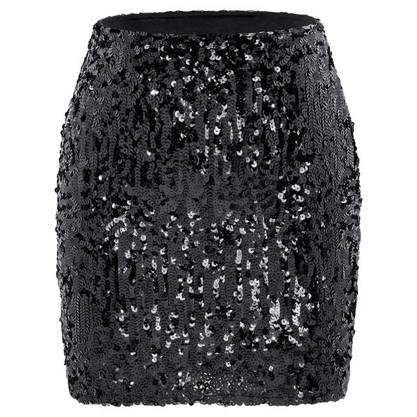 Durio Pailettenrock Für Damen Glitzer Rock Kurz Damen Sexy Midi Skirt Hüftrock mit Elastische Taille Party Rave Outfit Schwarz L