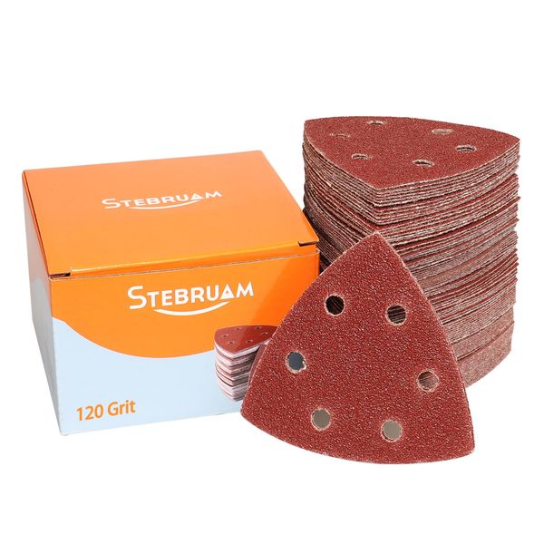 STEBRUAM Delta-Triangle Sanding Sheets,Sanding discs 65 Pieces Detail Sander Pads 6 Holes Triangle Sandpaper 120 Grits Triangle Sanding Pads 93 x 93 x 93 mm Sander Sheets