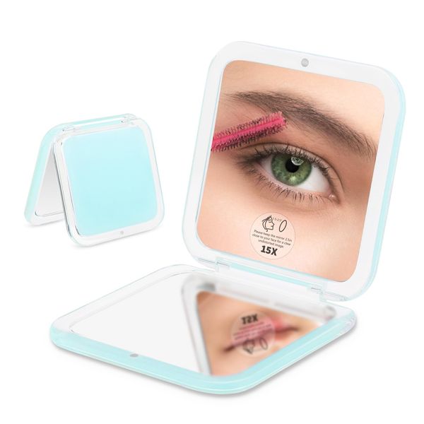 LONTAN Compact Mirror Travel 15X Magnifying Mirror Blue-Green Pocket Mirror Small Magnifying Mirror Compact Mirror for Handbag Small Makeup Mirror Gifts for Girls Square 8.5cm x 8.5cm