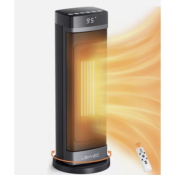 Space Heater 90°Oscillating 1500W Electric Ceramic Tower Heater with Remote Blk